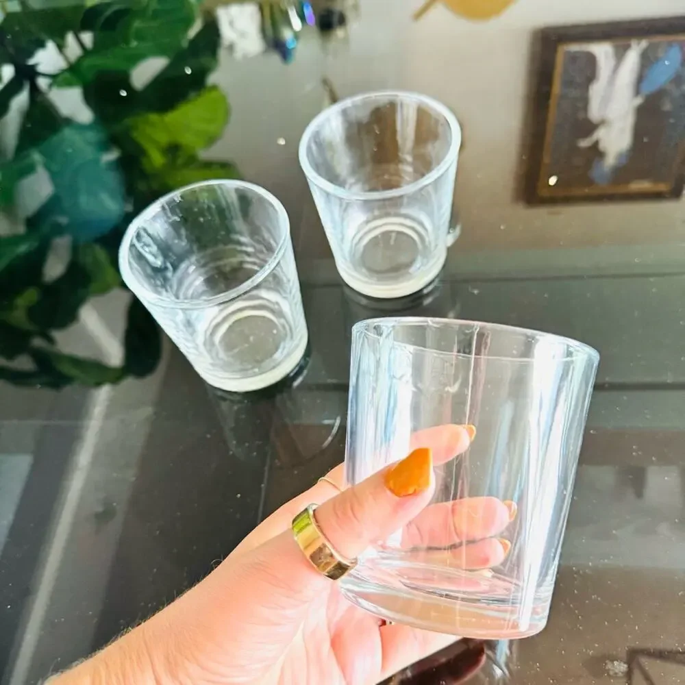 POTTERY BARN Clear Modern Stemless Lowball Juice Glass Drink Wear Glasses Set 3
